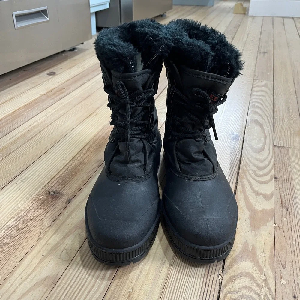 Sorel Black Winter Snow Boots Mid-Calf Faux Fur Trim Lace Up Insulated Womens 10